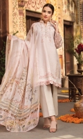 LAWN EMBROIDERED FRONT LAWN EMBROIDERED BACK ORGANZA EMBROIDERED SLEEVES ORGANZA EMBROIDERED BORDER FOR FRONT AND BACK ORGANZA EMBROIDERED BORDER FOR SLEEVES MEDIUM SILK PRINTED DUPATTA PLAIN TROUSER