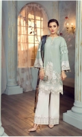 Lawn Embroidered Front  Lawn Embroidered back  lawn Plain sleeves Organza embroidered border for front Organza embroidered border for back Organza embroidered border for sleeves Lawn printed facing Pure tissue silk printed dupatta  Organza embroidered border for trouser Plain trouser 