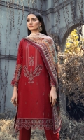 Dull Silk Embroidered Center Panel Dull Silk Embroidered Side Panels Dull Silk plain Back  Dull Silk Embroidered Sleeves Two Organza Embroidered Borders For Sleeves Organza  Embroidered Border For Front / back Chiffon Digital Printed Dupatta Dull Silk Dyed Trouser