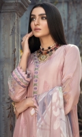 Dull Silk Embroidered front       Dull silk Embroidered neckline Dull Silk Embroidered Back  Dull Silk  Sleeves  with organza embroidered motives     Organza Embroidered Border For Sleeves Organza  Embroidered Border For Front Organza  Embroidered Border For back Chiffon Digital Printed Dupatta Dull Silk Dyed Trouser