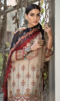 Dull Silk Embroidered front    Dull Silk Embroidered neckline Dull Silk Embroidered Back  Dull Silk  Sleeves  with organza embroidered motives      Organza Embroidered Border For Sleeves Organza  Embroidered Border For Front & back Chiffon Digital Printed Dupatta Dull Silk Dyed Trouser