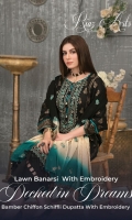 Lawn Banarsi Brosha With Embroidery Shirt Bamber Chifone Schiflli Dupata With Embroidery Plain Trouser