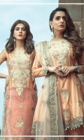 Embroidered front on digital printed lawn  Digital printed back on lawn  Embroidered sleeves on digital printed lawn  Embroidered border on organza  Digital printed trouser with embroidered borders  Net dyed embroidered dupatta with embroidered borders  Screen printed pallu on silk