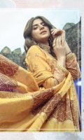 Embroidered front on digital printed lawn  Digital printed back on lawn  Digital printed sleeves on lawn  Embroidered patti on organza  Screen printed silk dupatta with embroidered borders  Jacquard trouser