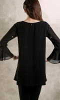 Pure georgette chiffon tunic lined with cotton silk contemporary cut with elegant embellishment and flared sleeves. Round neck with back slit.