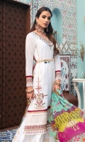 Front: Embroidered shiffli lawn Back: Digitial printed lawn Sleeves: Embroidered schiffli lawn Pants: Printed cambric Dupatta: Digital printed chiffon Embroideries: 1) Pani neckline 2) Pani border for daman and sleeves 3) Pani patches for front(2)
