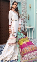 Front: Embroidered shiffli lawn Back: Digitial printed lawn Sleeves: Embroidered schiffli lawn Pants: Printed cambric Dupatta: Digital printed chiffon Embroideries: 1) Pani neckline 2) Pani border for daman and sleeves 3) Pani patches for front(2)