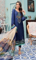 Front: Embroidered shiffli lawn Back: Digital printed lawn Sleeves: Embroidered schiffli lawn Pants: Dyed cambric Dupatta: Digital printed chiffon Embroideries: 1) Neckline 2) Ghera border 3) Silk patti for ghera and sleeves