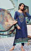 Front: Embroidered shiffli lawn Back: Digital printed lawn Sleeves: Embroidered schiffli lawn Pants: Dyed cambric Dupatta: Digital printed chiffon Embroideries: 1) Neckline 2) Ghera border 3) Silk patti for ghera and sleeves