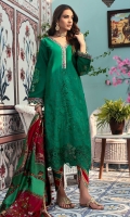 Front: Embroidered shiffli lawn center panel and side panels (2) Back: Digital printed lawn Sleeves: Embroidered schiffli lawn Pants: Printed cambric Dupatta: Digital printed silk Embroideries: 1) Patti for neckline and sleeves 2) Ghera Border 3) Sleeves patches(2)