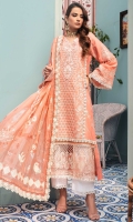 Front: Embroidered lawn center panel Embroidered schiffli side panels (2) Back: Dyed lawn Sleeves: Embroidered schiffli lawn Pants: Printed cambric Dupatta: Printed silk Embroideries: 1) Silk neckline 2) Silk sleeve patches(2) 3) Ghera border