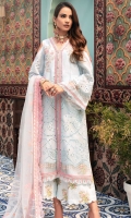 Front: Embroidered shiffli lawn Panels (2) Back: Dyed lawn Sleeves: Embroidered shiffli lawn Pants: Digital printed cambric Dupatta: Embroidered net Embroideries: 1) Front patches(2) 2) Front patti