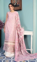 Front: Embroidered shiffli lawn center panel (1) Embroidered shiffli lawn side panels (2) Back: Dyed lawn Sleeves: Embroidered shiffli lawn Pants: Printed cambric Dupatta: Printed Silk Embroideries: 1) Front Border 2) Sleeve patti