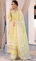 Front: Embroidered schiffli lawn Back: Dyed lawn Sleeves: Embroidered schiffli lawn Pants: Digital printed cambric Dupatta: Printed silk Embroideries: 1) Ghera border 2) Sleeves patti 3) Neckline