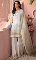 Front: Embroidered lawn center panel and side panels Back:Digital printed lawn Sleeves: Digital printed lawn Pants: Dyed cambric Dupatta: Digital printed chiffon Embroideries: 1) Border for pants