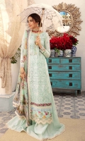 Front: Embroidered schiffli lawn center panel and side panels Back: Dyed lawn Sleeves: Embroidered schiffli lawn Pants: Dyed cambric Dupatta: Digital printed chiffon Embroideries: 1) Ghera patti 2) Schiffli border 3) Scalop border Border: Digital printed lawn border