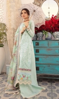 Front: Embroidered schiffli lawn center panel and side panels Back: Dyed lawn Sleeves: Embroidered schiffli lawn Pants: Dyed cambric Dupatta: Digital printed chiffon Embroideries: 1) Ghera patti 2) Schiffli border 3) Scalop border Border: Digital printed lawn border