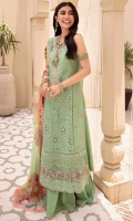 Front: Embroidered schiffli lawn center panel and embroiderd lawn side panels Back:Dyed lawn Sleeves: Embroidered schiffli lawn Pants: Dyed cambric Dupatta: Digital printed chiffon Embroideries: 1) Neckline Patti 2) Ghera border