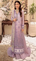Front: Embroidered schiffli gradient lawn Back: Digital printed lawn Sleeves: Embroidered schiffli gradient lawn Pants: Dyed cambric Dupatta: Digital printed chiffon Embroideries: 1) Ghera schiffli border 2) Ghera Patti Border: Digital printed border