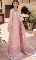 Front: Embroidered schiffli lawn center panel and side panel Back:Dyed lawn Sleeves: Embroidered schiffli lawn Pants: Digital printed cambric Dupatta: Embroidered net Embroideries: 1) Ghera border 2) Sleeves border