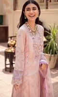 Front: Embroidered schiffli lawn center panel and side panel Back:Dyed lawn Sleeves: Embroidered schiffli lawn Pants: Digital printed cambric Dupatta: Embroidered net Embroideries: 1) Ghera border 2) Sleeves border