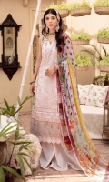 Front: Embroidered schiffli center panel, side schiffli panels & digital printed panels Back:Dyed lawn Sleeves: Embroidered schiffli lawn Pants: Dyed cambric Dupatta: Digital printed chiffon Embroideries: 1) Ghera border 2) sleeves motifs Border: Digital printed border