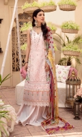 Front: Embroidered schiffli center panel, side schiffli panels & digital printed panels Back:Dyed lawn Sleeves: Embroidered schiffli lawn Pants: Dyed cambric Dupatta: Digital printed chiffon Embroideries: 1) Ghera border 2) sleeves motifs Border: Digital printed border
