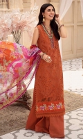 Front: Embroidered schiffli lawn Back:Dyed lawn Sleeves: Embroidered schiffli lawn Pants: Dyed cambric Dupatta: Digital printed chiffon Embroideries: 1) Neckline patti 2) Schiffli lawn front border Border: Digital printed borders for front and sleeves