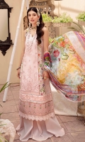 Front: Embroidered schiffli center panel, side schiffli panels & digital printed panels Back:Dyed lawn Sleeves: Embroidered schiffli lawn Pants: Dyed cambric Dupatta: Digital printed chiffon Embroideries: 1) Ghera border 2) sleeves motifs Border: Digital printed border