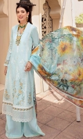 Front: Embroidered schiffli center panel & side schiffli panels Back:Digital printed lawn Sleeves: Embroidered schiffli lawn Pants: Dyed cambric Dupatta: Digital printed chiffon Embroideries: 1) Ghera patti 2) Ghera schiffli bor