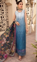 Front: Embroidered schiffli ombre lawn center panel and side panels Back:Digital ombre lawn Sleeves: Embroidered shiffli ombre lawn Pants: Dyed cambric Dupatta: Digital printed chiffon Embroideries: 1) Ghera and sleeves border 2) Ghera and sleeves Patti