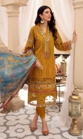 Front: Embroidered schiffli lawn center panel and side panels Back: Dyed lawn Sleeves: Embroidered schiffli lawn Pants: Dyed cambric Dupatta: Digital printed chiffon Embroideries: 1) Neckline Patti and motif 2) Ghera Patti 3) Sleeves and ghera border (1) 4) Sleeves and ghera border (2) 5) Sleeves Motifs(2) Border: Digital printed border