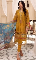 Front: Embroidered schiffli lawn center panel and side panels Back: Dyed lawn Sleeves: Embroidered schiffli lawn Pants: Dyed cambric Dupatta: Digital printed chiffon Embroideries: 1) Neckline Patti and motif 2) Ghera Patti 3) Sleeves and ghera border (1) 4) Sleeves and ghera border (2) 5) Sleeves Motifs(2) Border: Digital printed border
