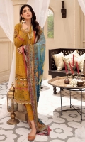Front: Embroidered schiffli lawn center panel and side panels Back: Dyed lawn Sleeves: Embroidered schiffli lawn Pants: Dyed cambric Dupatta: Digital printed chiffon Embroideries: 1) Neckline Patti and motif 2) Ghera Patti 3) Sleeves and ghera border (1) 4) Sleeves and ghera border (2) 5) Sleeves Motifs(2) Border: Digital printed border