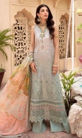 Front: Embroidered schiffli gradient lawn Back:Digital printed lawn Sleeves: Embroidered schiffli gradient lawn Pants: Dyed cambric Dupatta: Digital printed chiffon Embroideries: 1) Sleeve schiffli border 2) Ghera border 3) Ghera patti 4) Buttons (3)