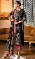 Front: Hand embelished embroidered velvet center panel Embroidered velvet side panels 1(2) Embroidered velvet side panels 2(2) Back: Embroidered velvet Sleeves: Embroidered velvet Pants: Dyed raw silk Dupatta: Screen printed silk Embroideries: 1) Velvet ghera border 2) Patches for sleeve(2) 3) Silk border for front and sleeves 4) Dupatta pallu borders 5) Silk border for dupatta 6)Border for pants