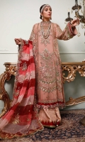 Front: Embroidered chiffon center panel Embroidered chiffon side panels(2) Back: Embroidered chiffon Sleeves: Embroidered chiffon Pants: Dyed Jamawar Dupatta: Embroidered organza Embroideries: 1) Silk border for ghera and sleeves 2) Patches for sleeve(2) 3) Silk scaloped border for dupatta