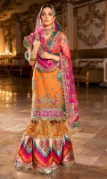 Front: Embroidered organza Back: Embroidered organza Sleeves: Embroidered organza Pants: Dyed jamawar gharara Dupatta: Embroidered net Embroideries: 1) Silk ghera border 2) Patches for sleeve(2) 3) Border for gharara joint 4) Silk printed border for gharara