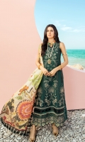 Front: Embroidered lawn center panel and woven jacquard lawn side panels Back: Dyed lawn Sleeves: Woven jacquard lawn Pants: Dyed cambric Dupatta: Digital printed silk Embroideries: 1) Border for front 2) Motifs for sleeves (2)