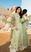 Front: Embroidered applique lawn center panel and side panels Back: Dyed lawn Sleeves: Dyed lawn Pants: Printed cambric Dupatta: Digital Printed chiffon Embroideries: 1) Border for front 2) Sleeves patches (4) 3) Embroidered buttons(3)