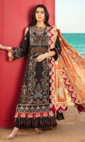 Front: Embroidered schiffli lawn center panel and side panels Back: Dyed lawn Sleeves: Embroidered schiffli lawn Pants: Dyed cambric Dupatta: Printed silk Embroideries: 1) Pani silk border for front