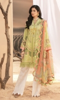 Front: Embroidered schiffli lawn Back: Digital printed lawn Sleeves: Embroidered schiffli lawn Pants: Printed cambric Dupatta: Digital printed chiffon Embroideries: 1) Border for sleeves