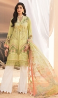 Front: Embroidered schiffli lawn Back: Digital printed lawn Sleeves: Embroidered schiffli lawn Pants: Printed cambric Dupatta: Digital printed chiffon Embroideries: 1) Border for sleeves