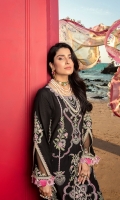 Front: Embroidered lawn Back: Dyed lawn Sleeves: Dyed lawn Pants: Printed cambric Dupatta:Digital printed silk Embroideries: 1) Front border 2) Patches for sleeves 3) Patti for sleeves