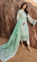 Front: Embroidered cutwork lawn Back: Dyed lawn Sleeves: Embroidered lawn Pants: Printed cambric Dupatta: Flock printed chanderi Embroideries: 1) Border for daman 2) Border for sleeves 3) Sleeves motif 4) Extra side panels