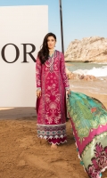 Front: Embroidered lawn center panel and woven jacquard lawn side panels Back: Dyed lawn Sleeves: Woven jacquard lawn Pants: Dyed cambric Dupatta: Digital printed silk Embroideries: 1) Border for front 2) Motifs for sleeves (2)