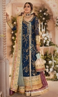 Front : Embroidered chiffon right and left angrakha panels Back : Embroidered chiffon Sleeves:Embroidered chiffon Sharara: Dyed jamawar Dupatta: Dyed mukhesh net Embroideries: 1)Silk front opening patti 2) Silk sleeves and ghera patti 1 3) Silk sleeves and ghera patti 2 4) Gold tissue sleeves, ghera and dupatta border
