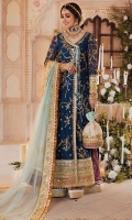 Front : Embroidered chiffon right and left angrakha panels Back : Embroidered chiffon Sleeves:Embroidered chiffon Sharara: Dyed jamawar Dupatta: Dyed mukhesh net Embroideries: 1)Silk front opening patti 2) Silk sleeves and ghera patti 1 3) Silk sleeves and ghera patti 2 4) Gold tissue sleeves, ghera and dupatta border