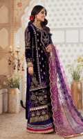Front: Embroidered velvet center and side panels Bak: Embroidered velvet Sleeves: Embroidered velvet Pants: Dyed raw silk Dupatta: Embroidered organza panels(3) Embroideries: 1) Velvet ghera border 2) Ghera border 3) Sleeves patches (2)