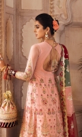 Front: Embroidered net yoke and embroidered net panels (5) Back: Embroidered net yoke and embroidered net panels(5) Sleeves: Embroidered net Pants: Dyed raw silk Dupatta: Embroidered net Chatta Patti panels(9) Embroideries: 1)Velvet Ghera border 2) velvet sleeves border 3) Sleeves patches(2)